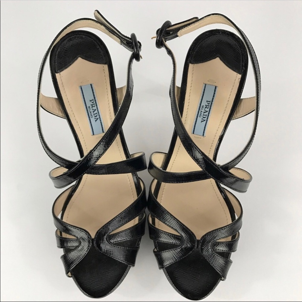 PRADA black patent strappy peep toe heels 💋👠